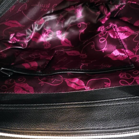 Betsey Johnson Striped Tote Bag With Red Handles And Tassel Charm Black & White - Picture 10 of 11